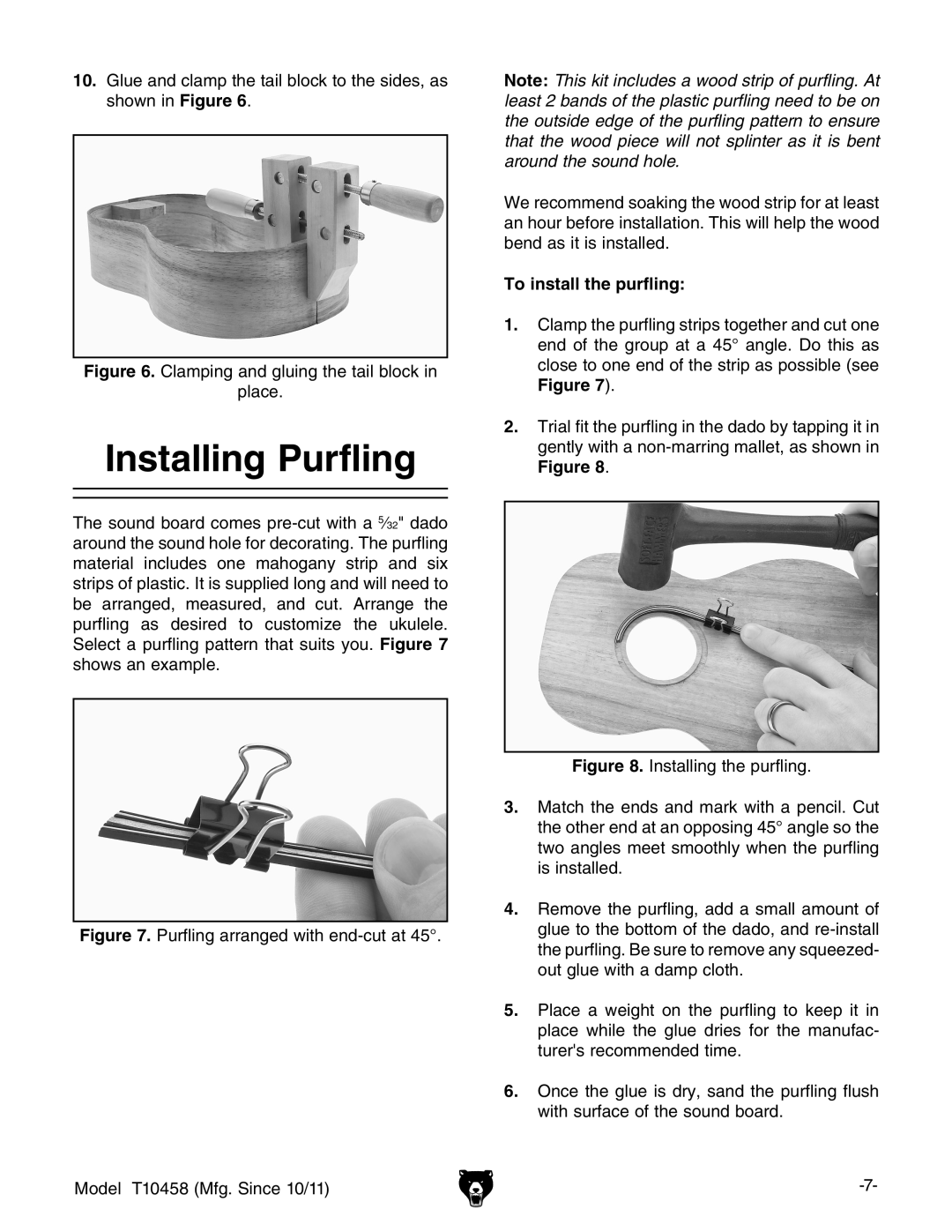 Grizzly T10458 instruction manual Installing Purfling, To install the purfling 