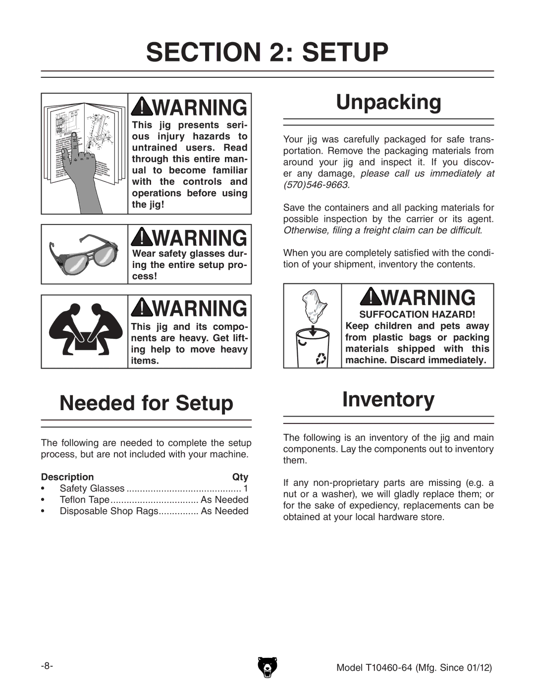 Grizzly T10460 owner manual Unpacking, Needed for Setup, Inventory, Description Qty 