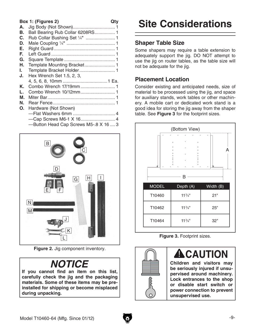 Grizzly T10460 owner manual Site Considerations, Shaper Table Size, Placement Location, Box 1 Figures Qty 