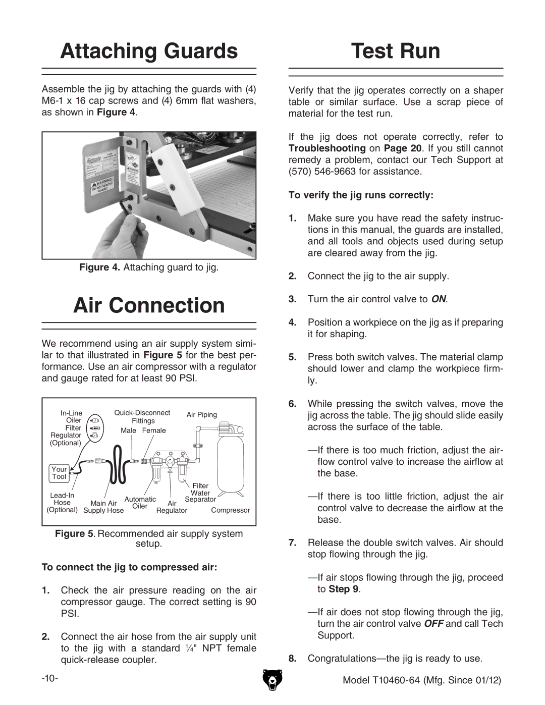 Grizzly T10460 owner manual Attaching Guards Test Run, Air Connection, HZije#, To connect the jig to compressed air 