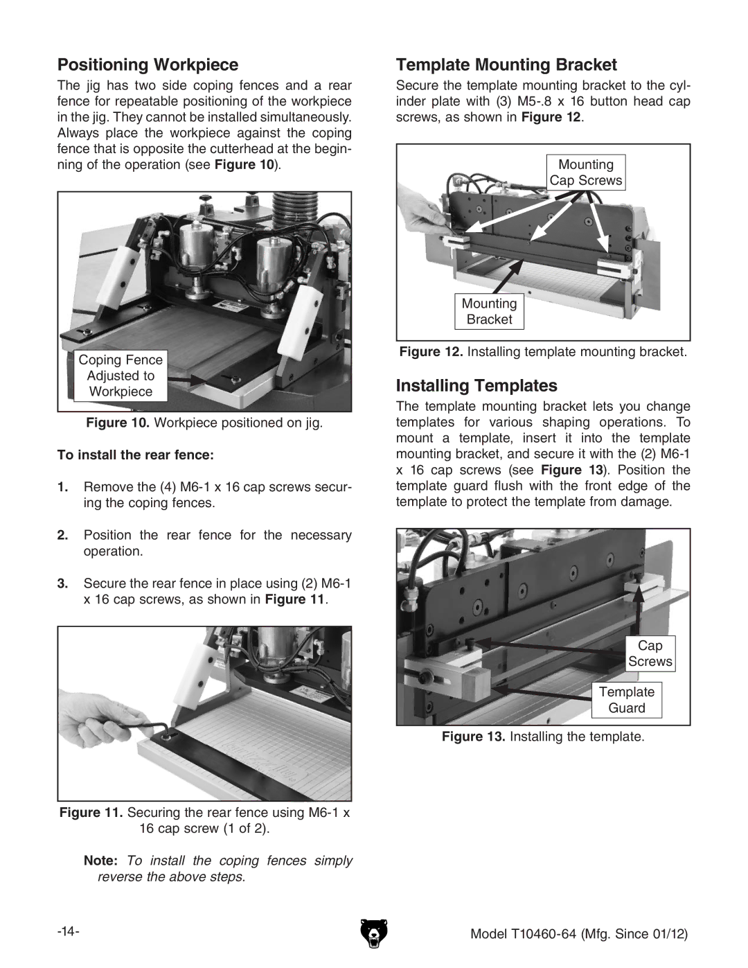 Grizzly T10460 Positioning Workpiece, Template Mounting Bracket, Installing Templates, To install the rear fence 