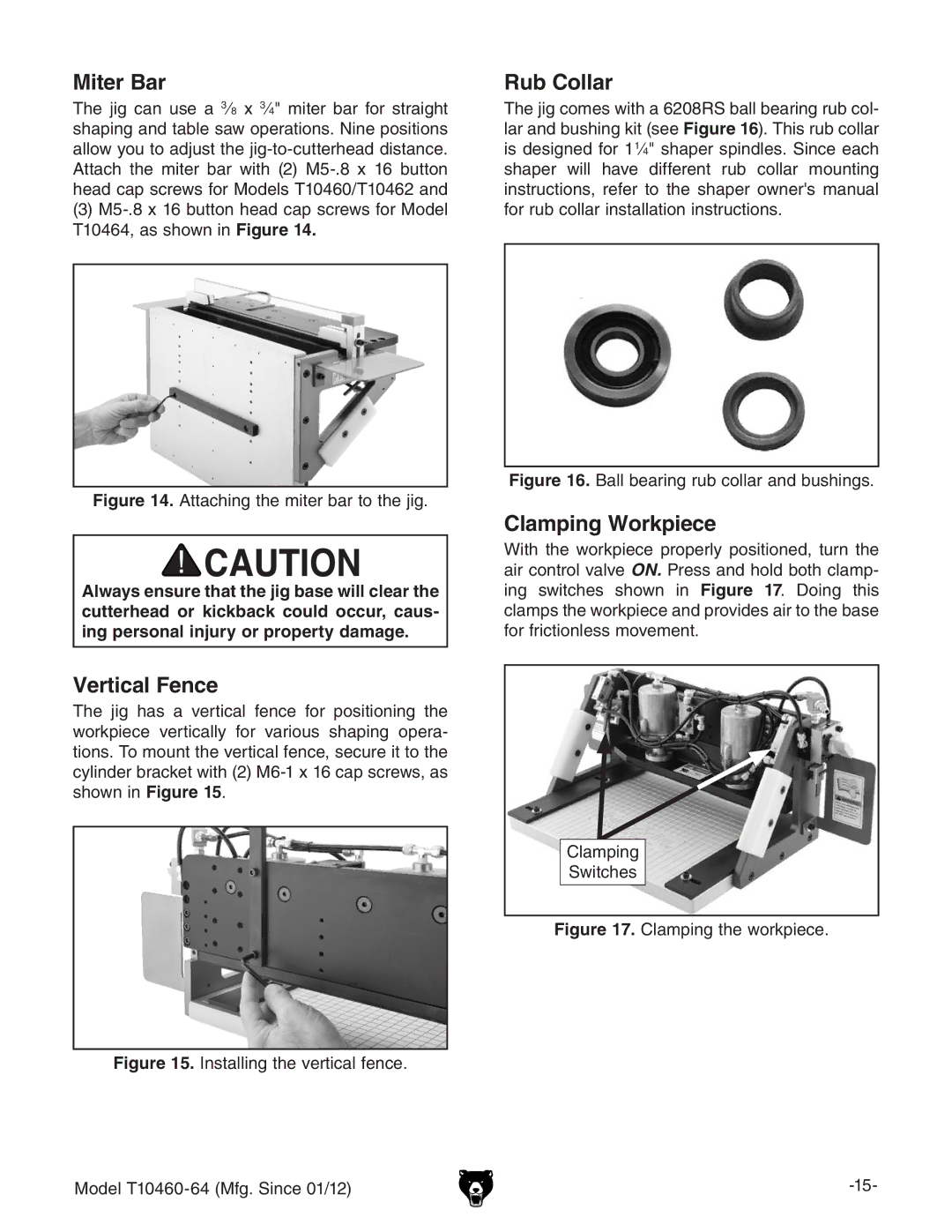 Grizzly T10460 owner manual Miter Bar, Rub Collar, Clamping Workpiece, Vertical Fence 