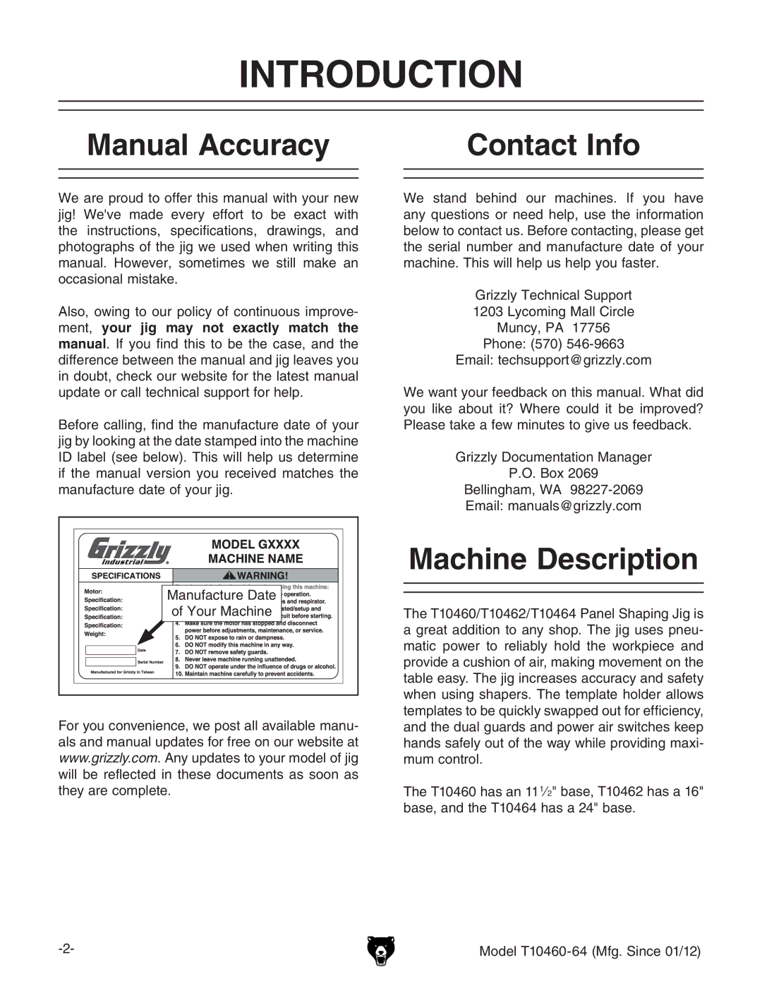 Grizzly T10460 owner manual Introduction, Manual Accuracy Contact Info, Machine Description, NdjgBVXcZ 