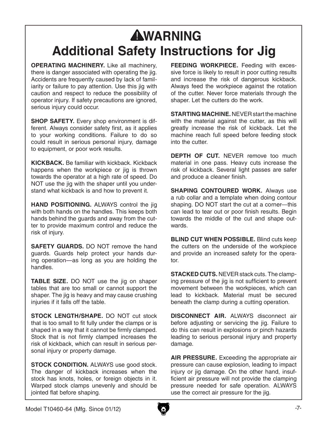 Grizzly T10460 owner manual Additional Safety Instructions for Jig, BdYZaI&%+%+B\#HcXZ%&$& 