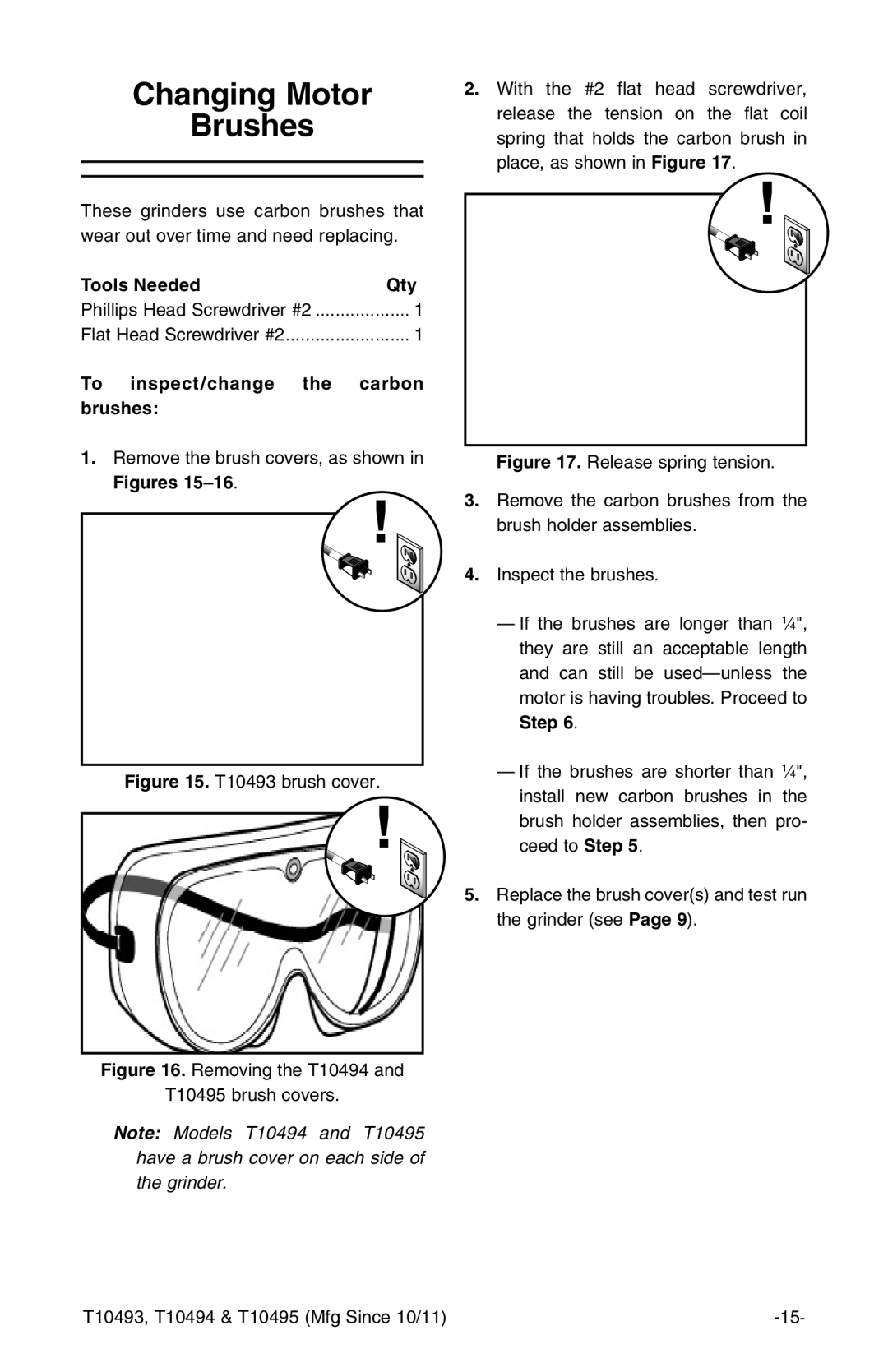 Grizzly t10493 owner manual Changing Motor Brushes, Tools Needed Qty, To inspect/change Carbon Brushes, Step 