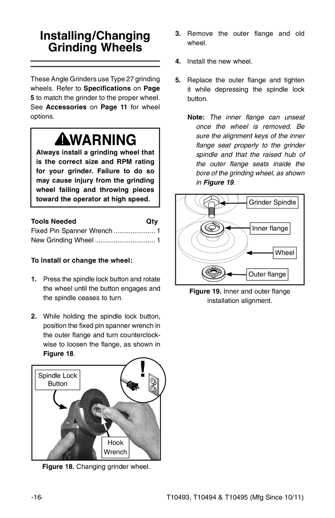 Grizzly t10493 owner manual Installing/Changing Grinding Wheels, To install or change the wheel 