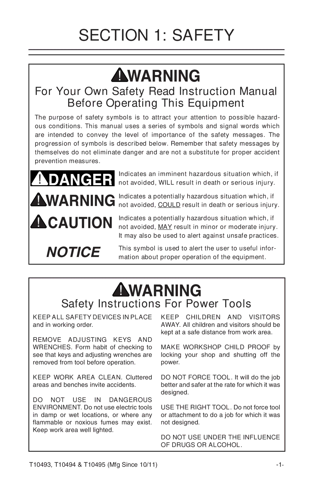 Grizzly t10493 owner manual Before Operating This Equipment, Safety Instructions For Power Tools 