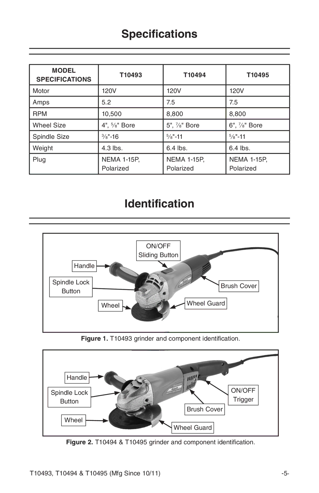 Grizzly t10493 owner manual Specifications, Identification, T10493 T10494 T10495 