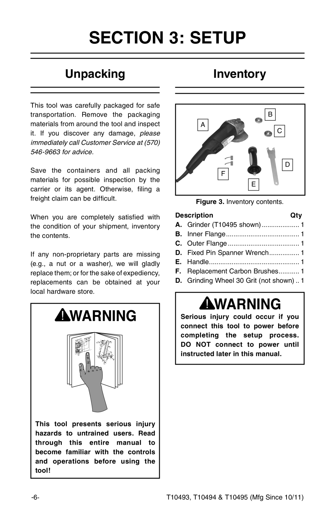 Grizzly t10493 owner manual Setup, UnpackingInventory, Description Qty 