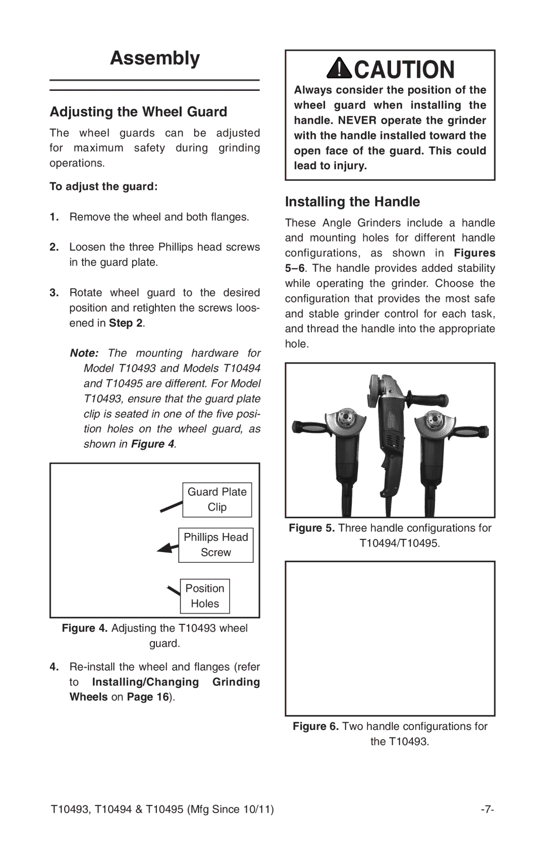 Grizzly t10493 owner manual Assembly, Adjusting the Wheel Guard, Installing the Handle, To adjust the guard 