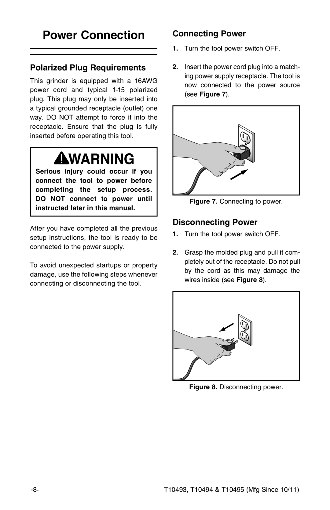 Grizzly t10493 owner manual Power Connection, Polarized Plug Requirements, Connecting Power, Disconnecting Power 