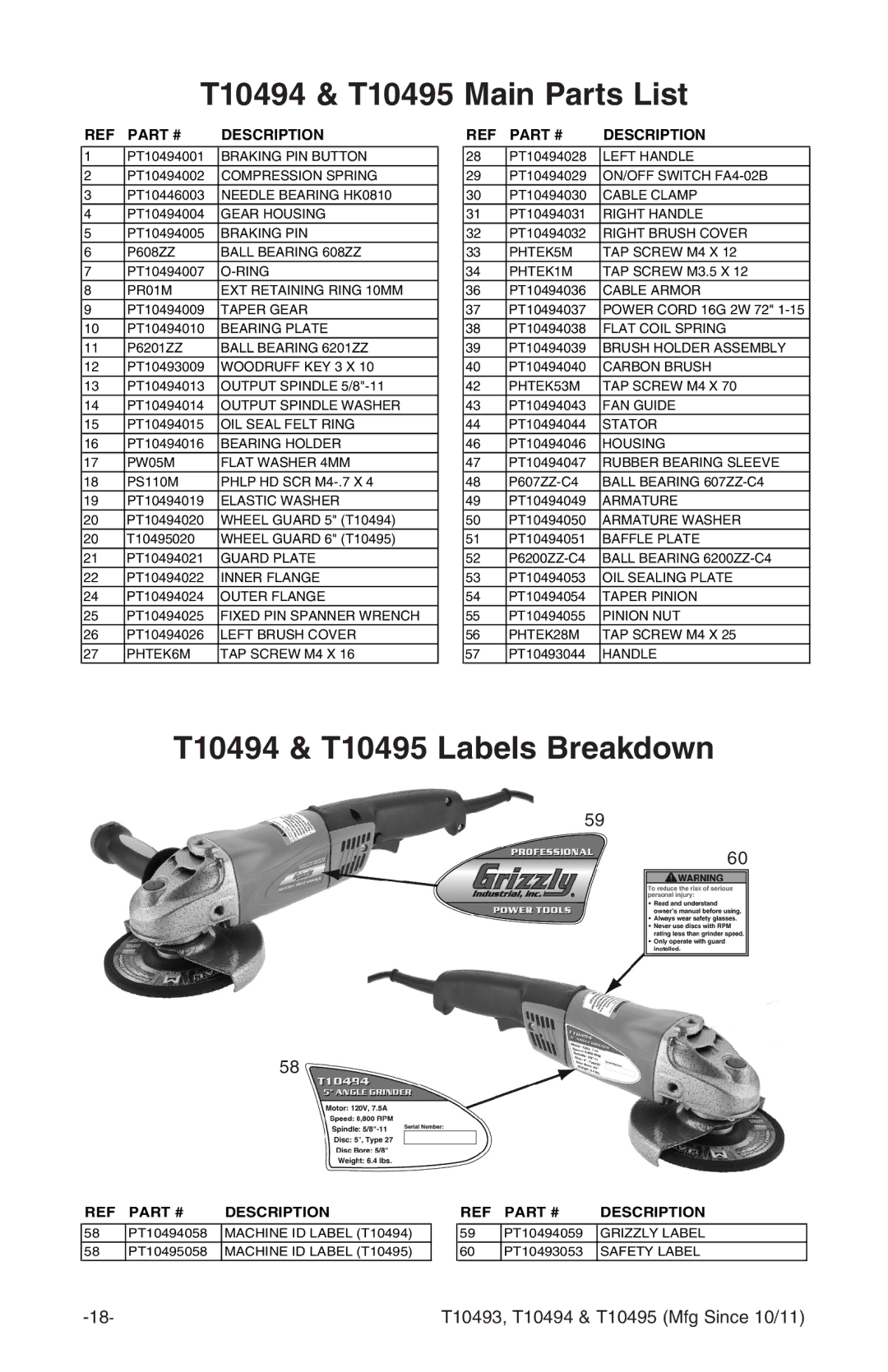 Grizzly t10493 owner manual T10494 & T10495 Main Parts List, T10494 & T10495 Labels Breakdown 