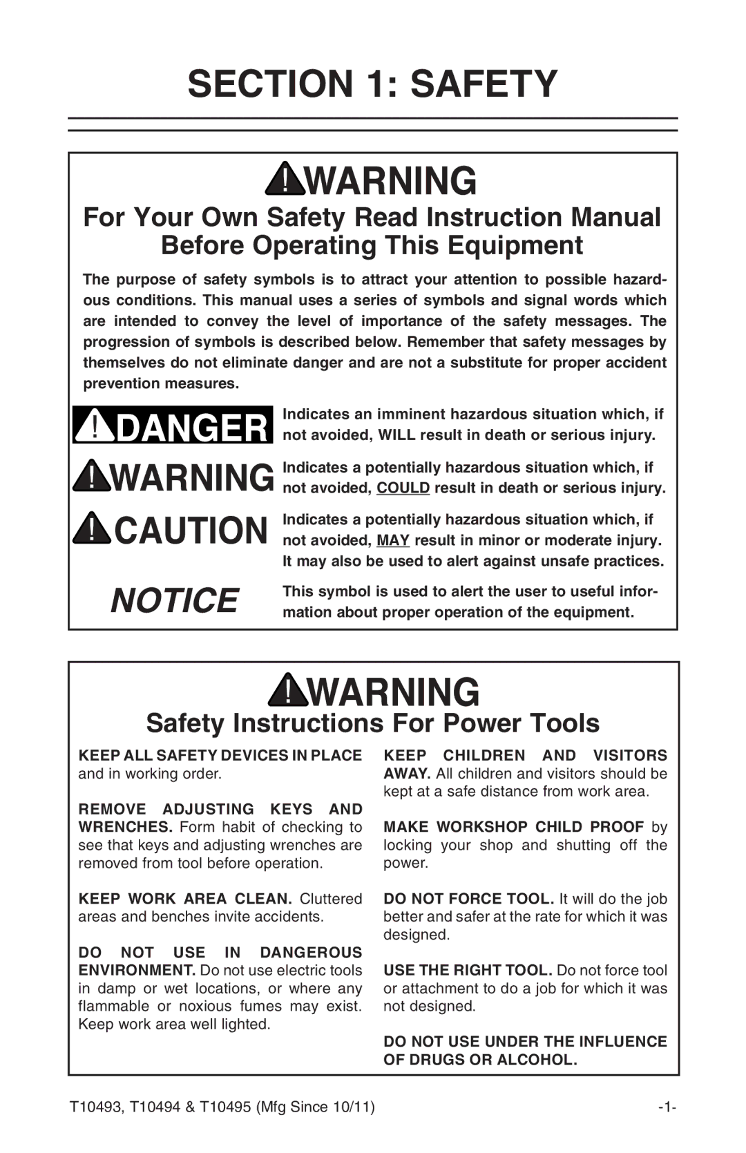 Grizzly t10493 owner manual Before Operating This Equipment, Safety Instructions For Power Tools 