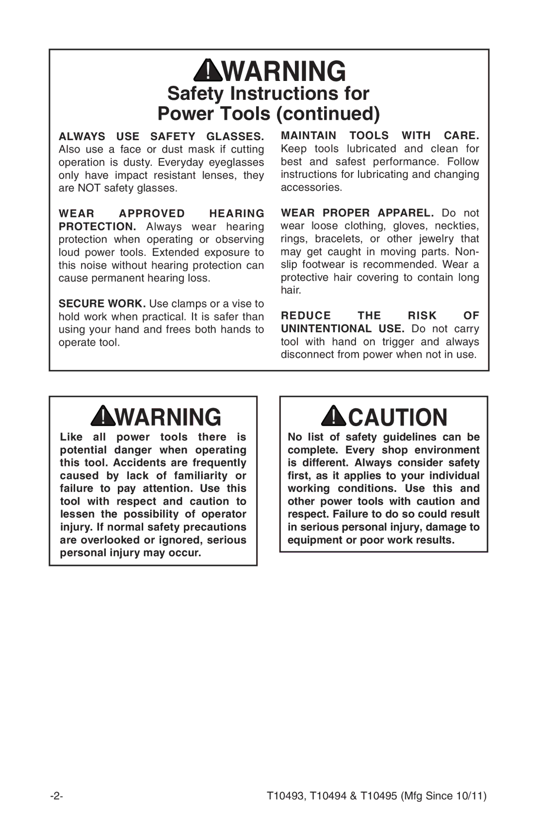 Grizzly t10493 owner manual Safety Instructions for Power Tools 