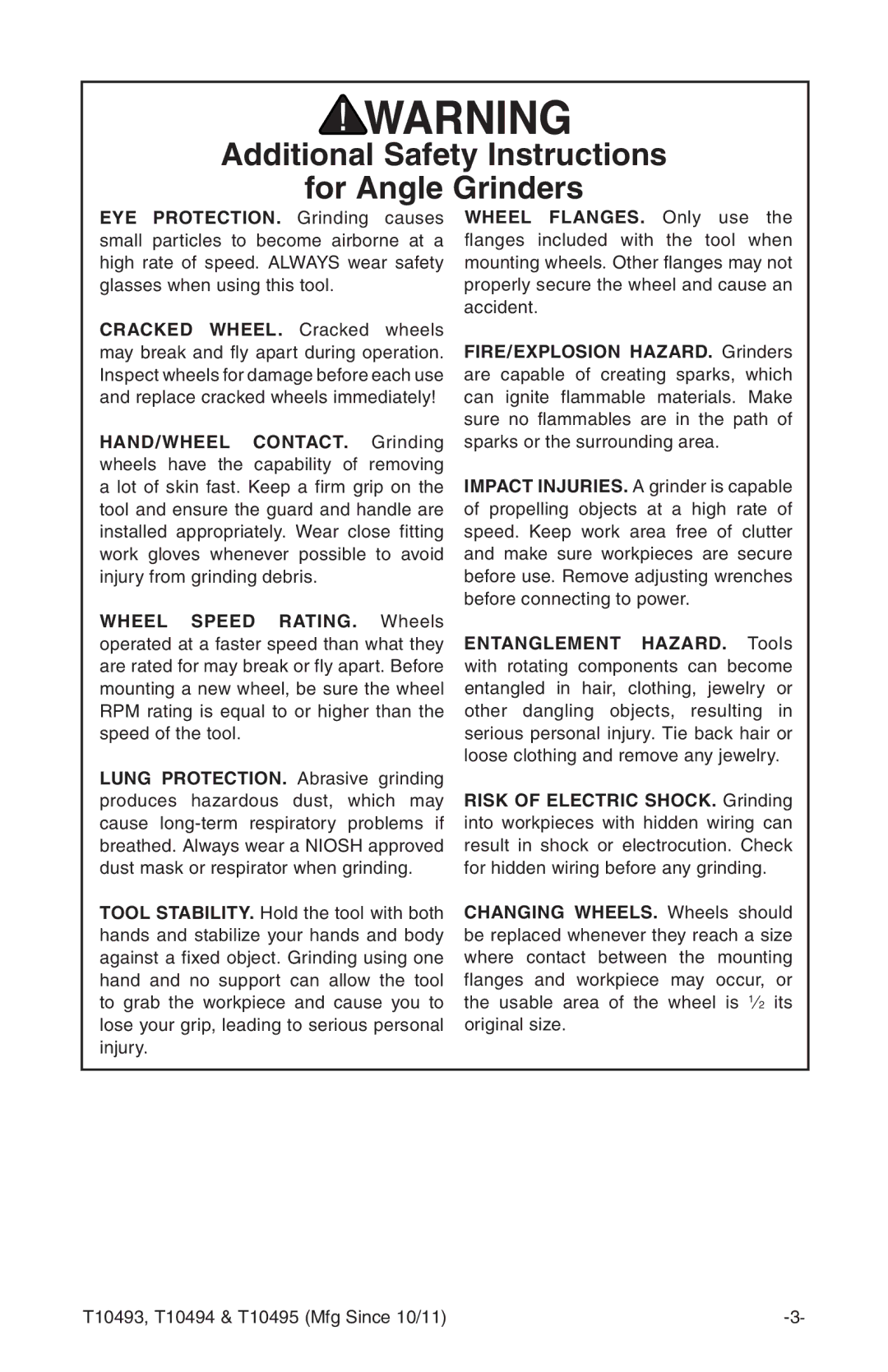 Grizzly t10493 owner manual Additional Safety Instructions For Angle Grinders 