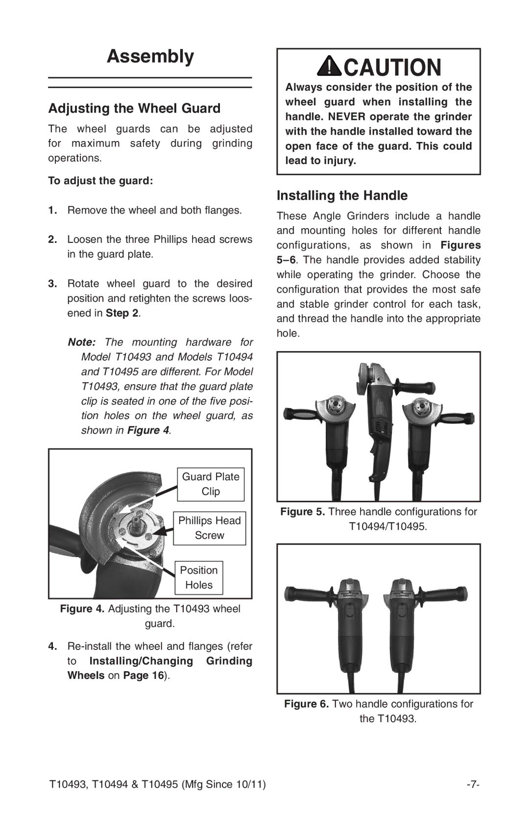 Grizzly t10493 owner manual Assembly, Adjusting the Wheel Guard, Installing the Handle, To adjust the guard 