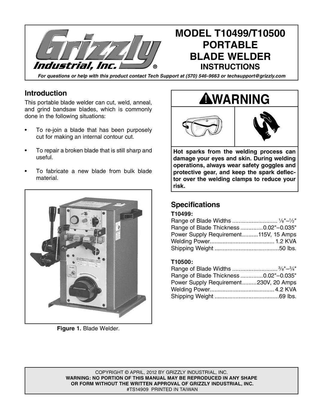 Grizzly T10499 specifications Introduction, Specifications, T10500 