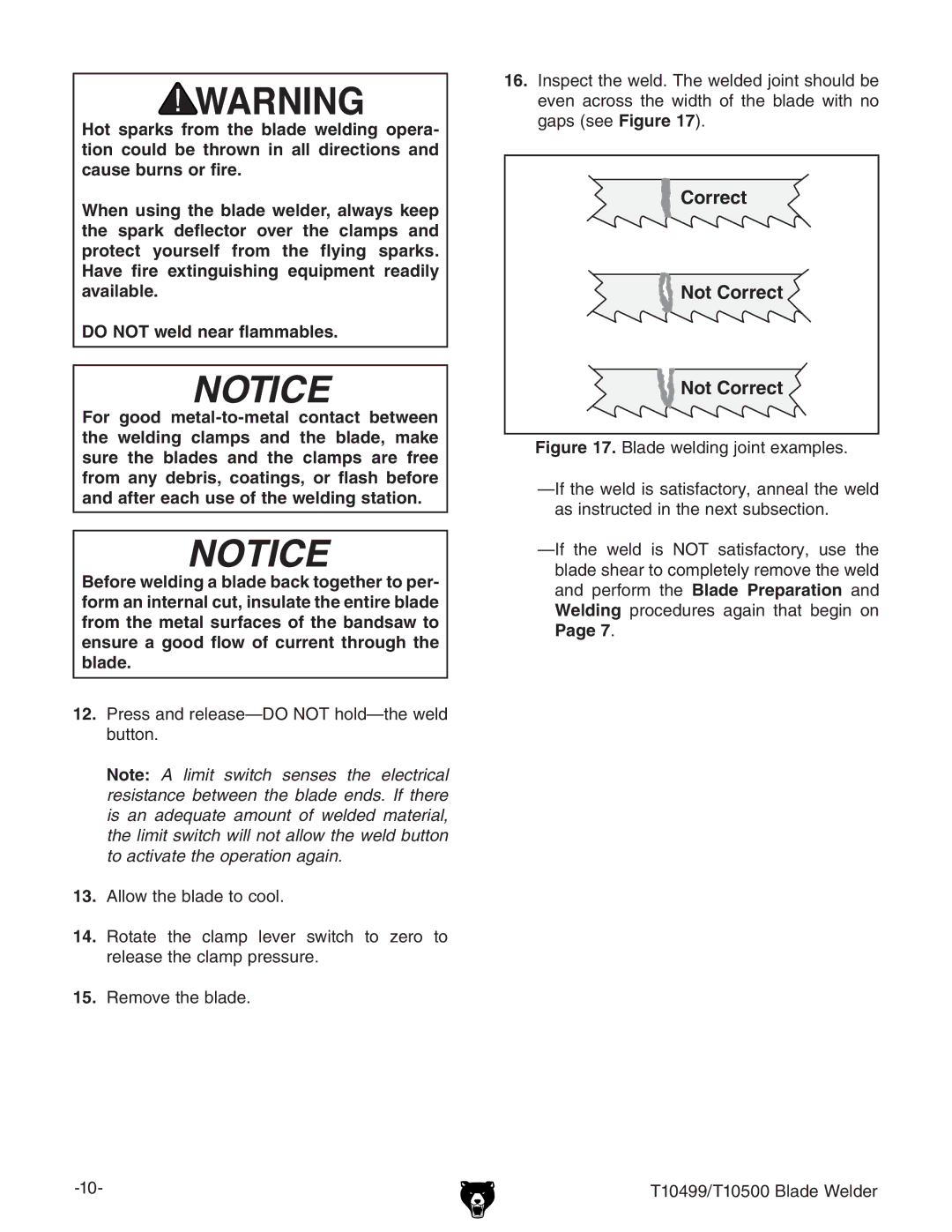 Grizzly T10499 specifications Correct Not Correct 