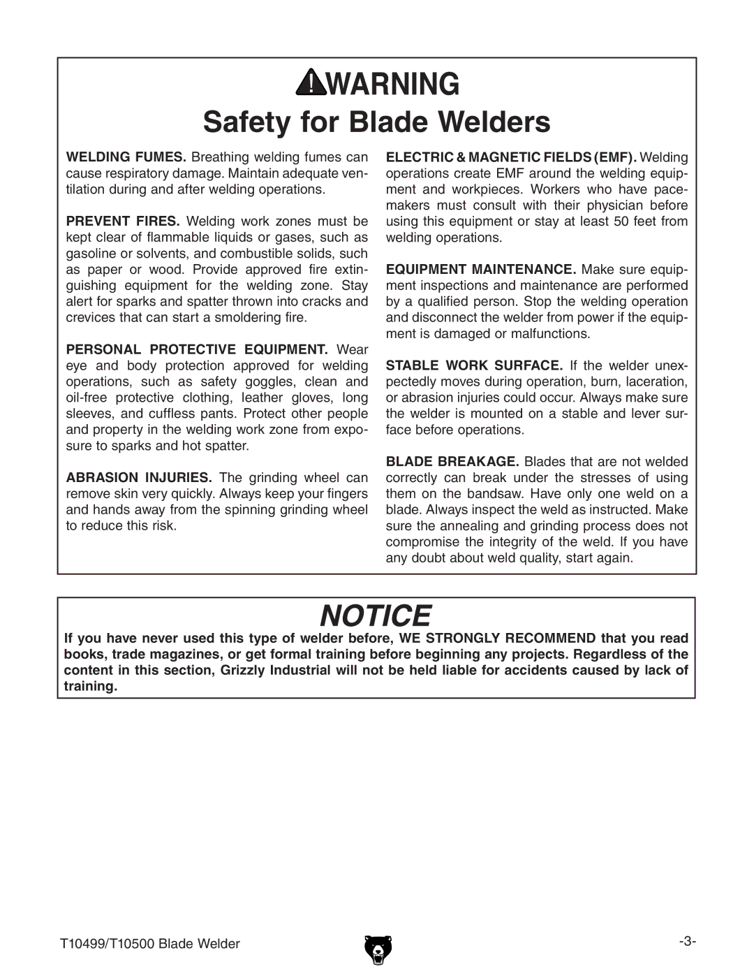 Grizzly T10499 specifications Safety for Blade Welders 