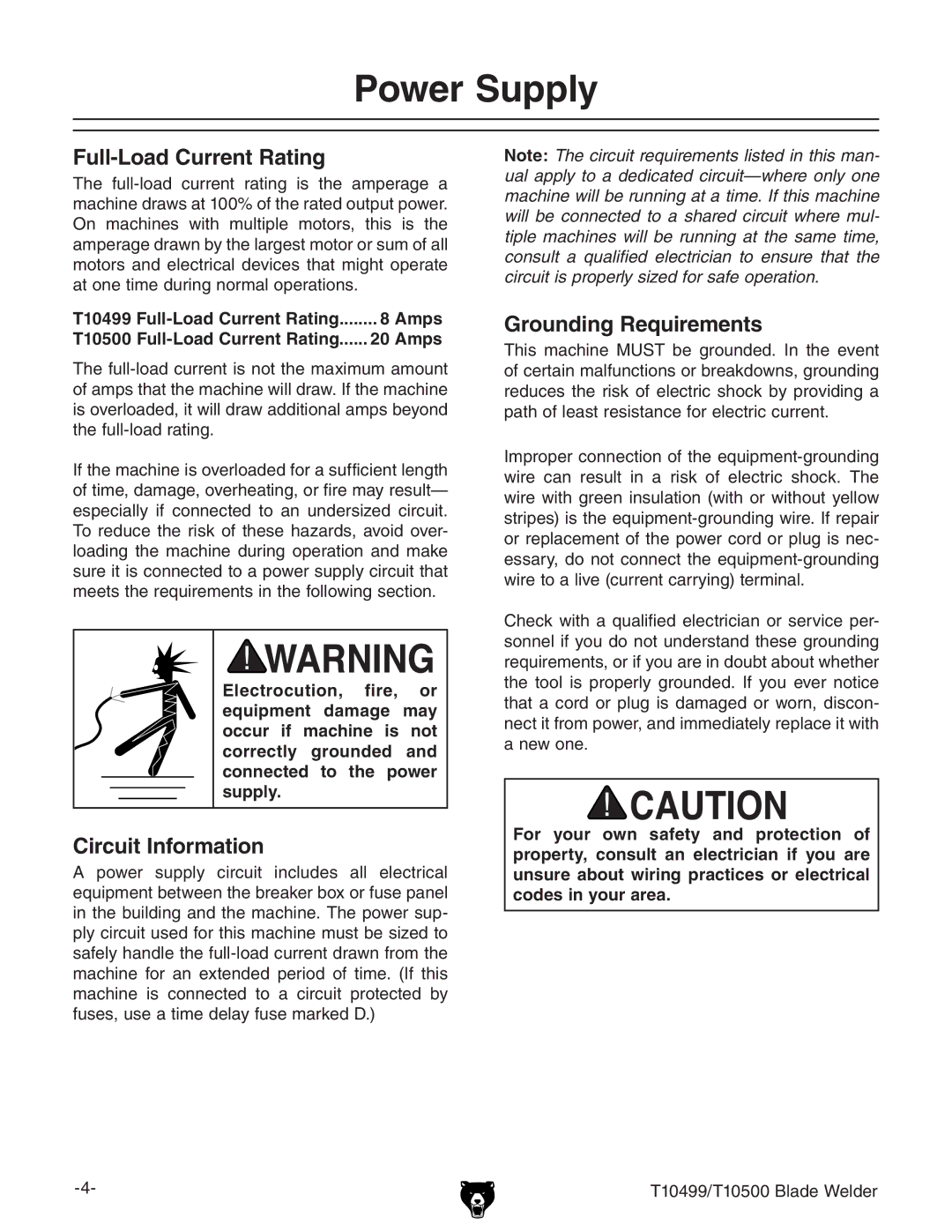 Grizzly T10499 specifications Power Supply, Full-Load Current Rating, Circuit Information, Grounding Requirements 