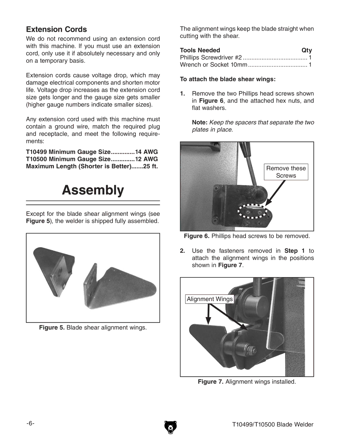 Grizzly T10499 specifications Assembly, Extension Cords, 25 ft, Tools Needed Qty, To attach the blade shear wings 