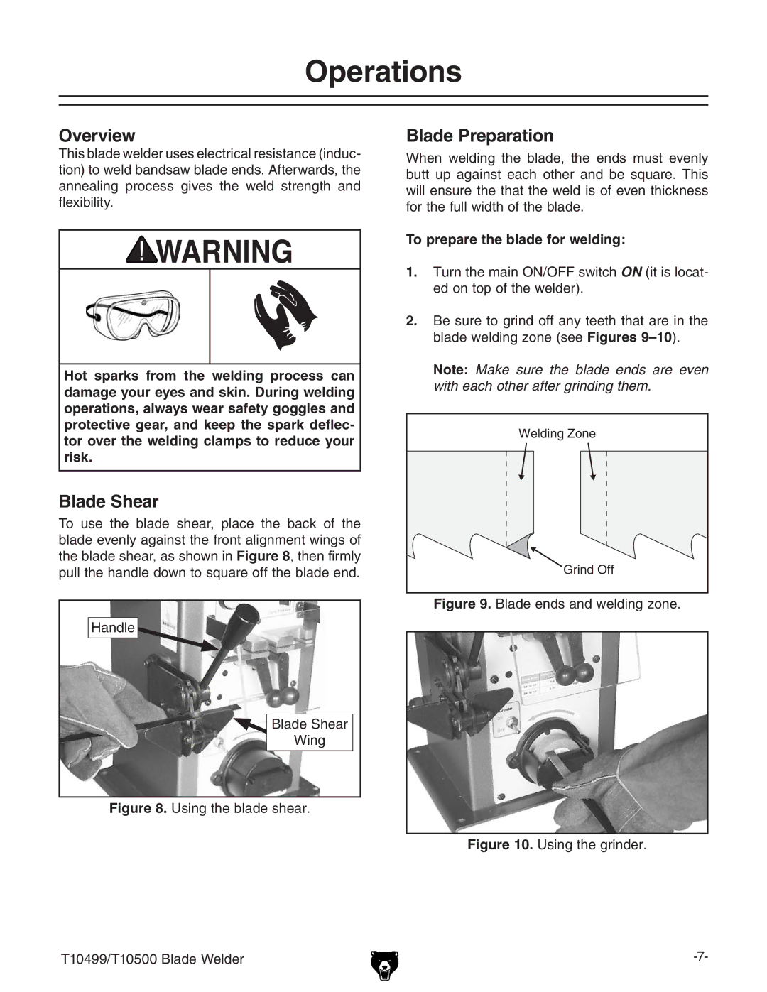 Grizzly T10499 specifications Operations, Overview, Blade Shear, Blade Preparation, To prepare the blade for welding 