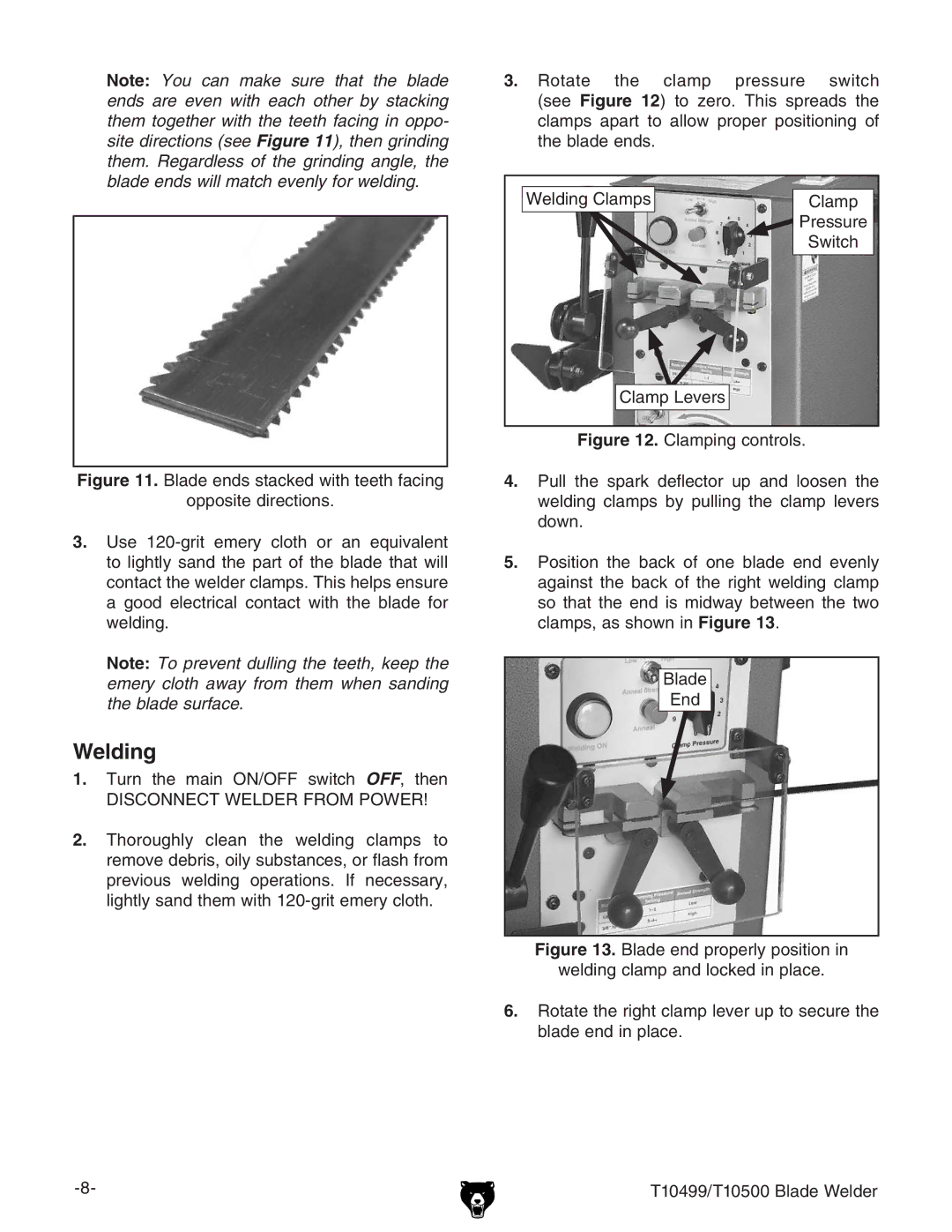 Grizzly T10499 specifications Welding, Disconnect Welder from Power 