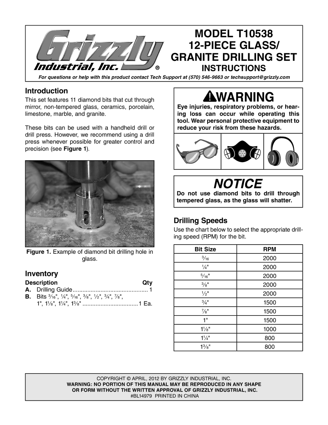 Grizzly T10538 manual Piece Glass, Granite Drilling SET, Instructions 