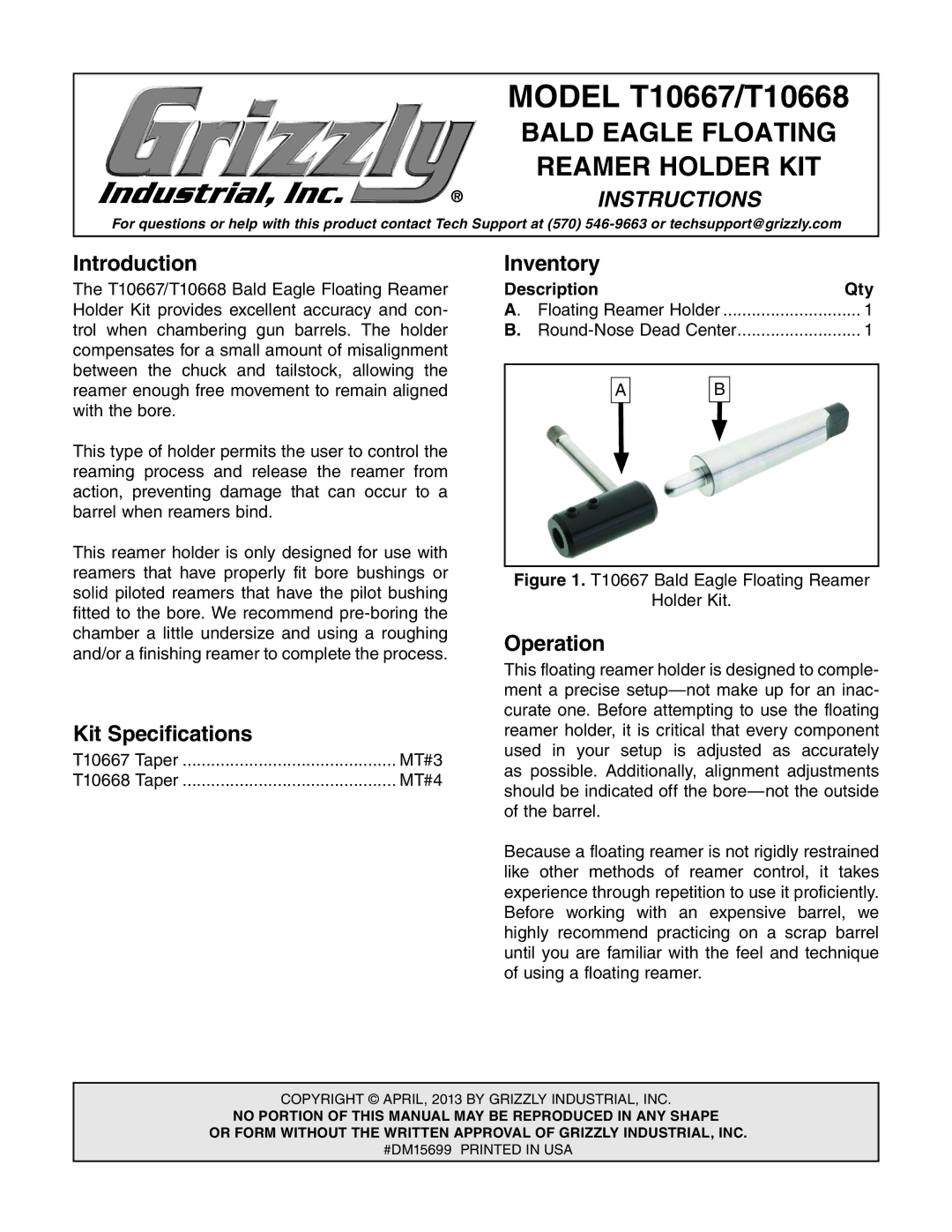 Grizzly specifications Model T10667/T10668, Bald Eagle Floating, Reamer Holder KIT 