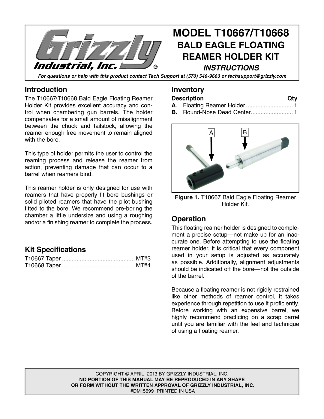 Grizzly specifications Description, A. Floating Reamer Holder, MODEL T10667/T10668, Bald Eagle Floating, Introduction 