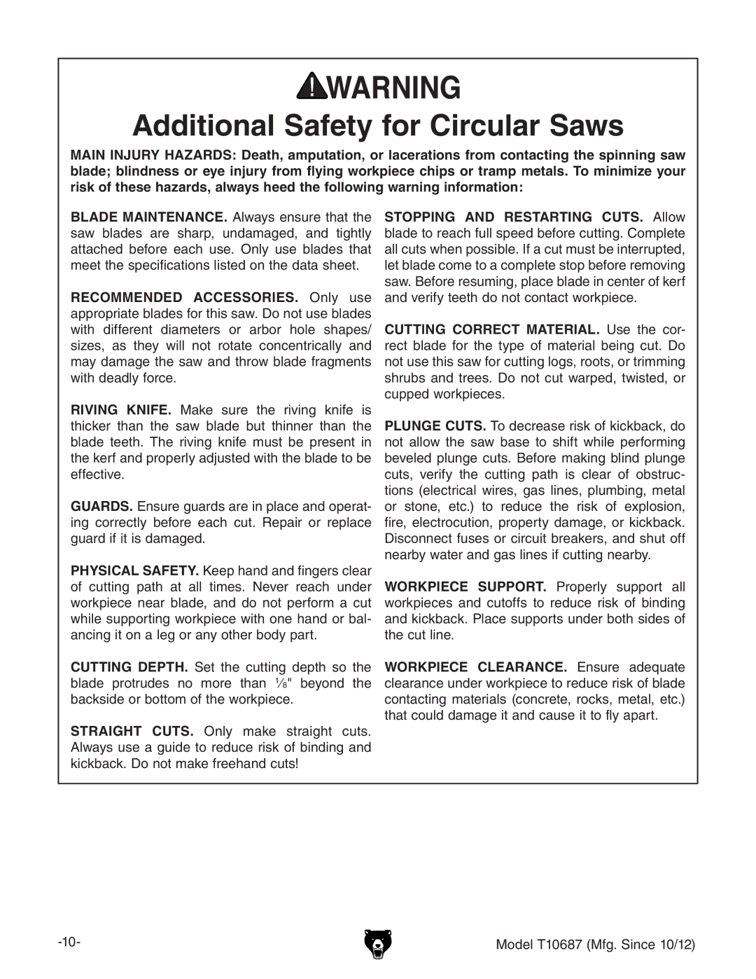 Grizzly T10687 owner manual Additional Safety for Circular Saws, Workpiece CLEARANCE.  chjgZ VYZfjViZ 