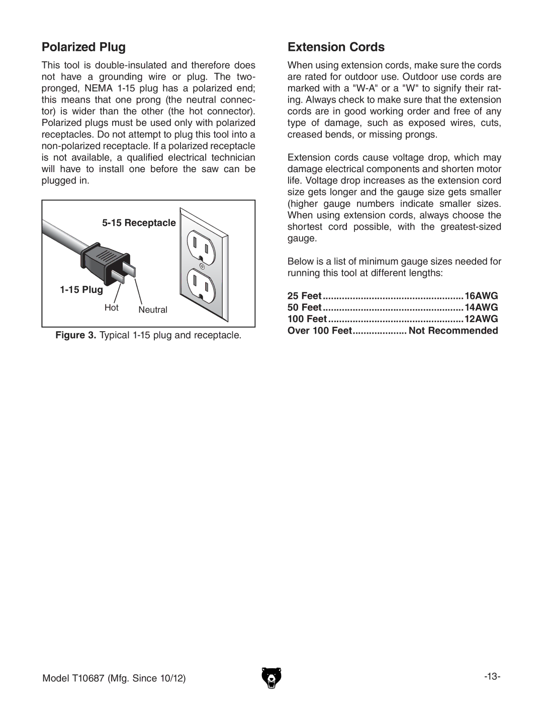 Grizzly T10687 owner manual Receptacle Plug, Over 100 Feet Not Recommended 