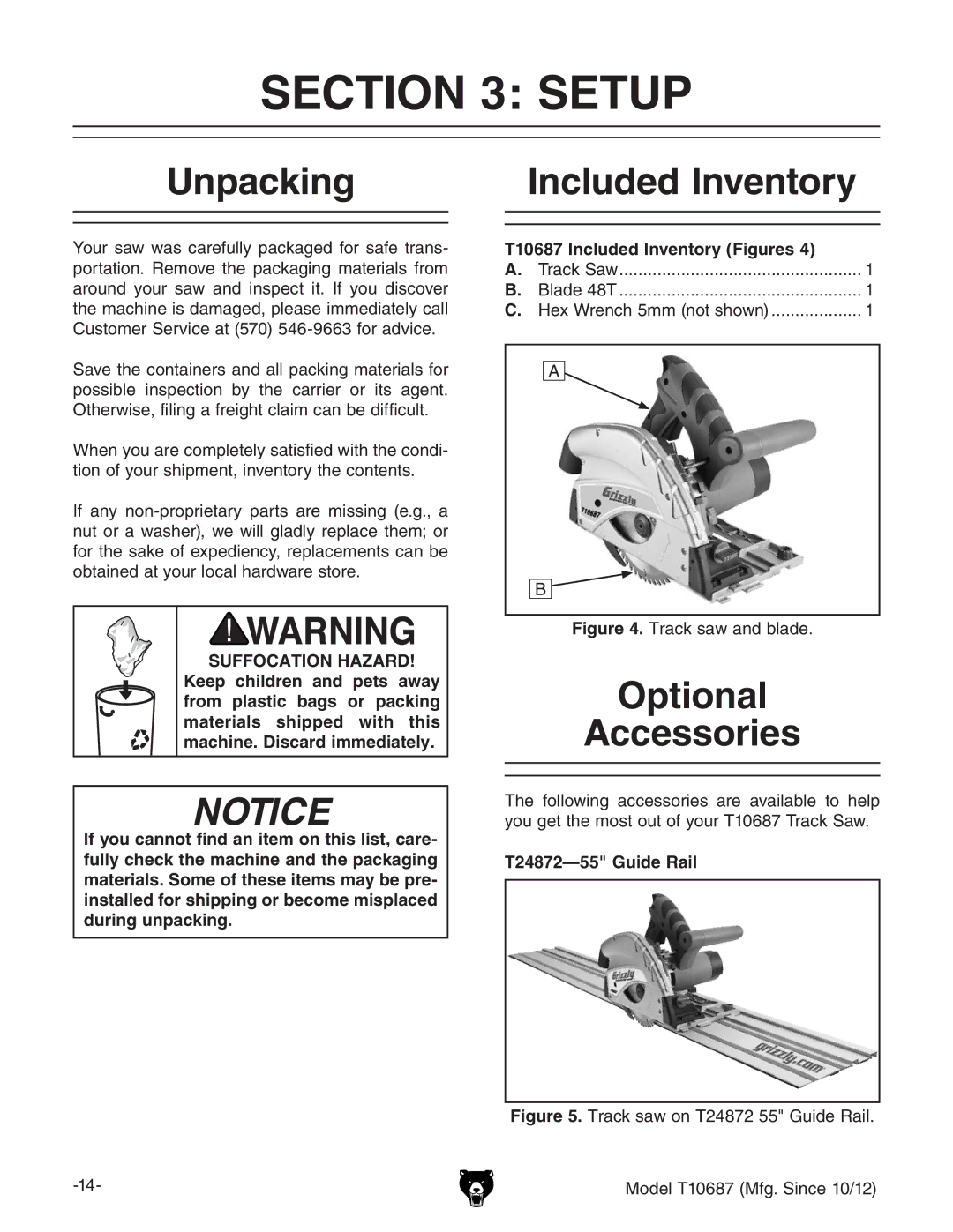 Grizzly T10687 owner manual Setup, Unpacking, Included Inventory, Optional Accessories 