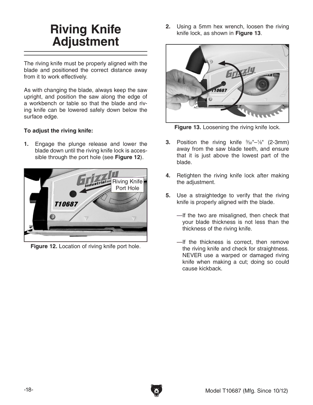 Grizzly T10687 owner manual Riving Knife Adjustment, To adjust the riving knife, Gkc\@cZ Edgi=daZ 