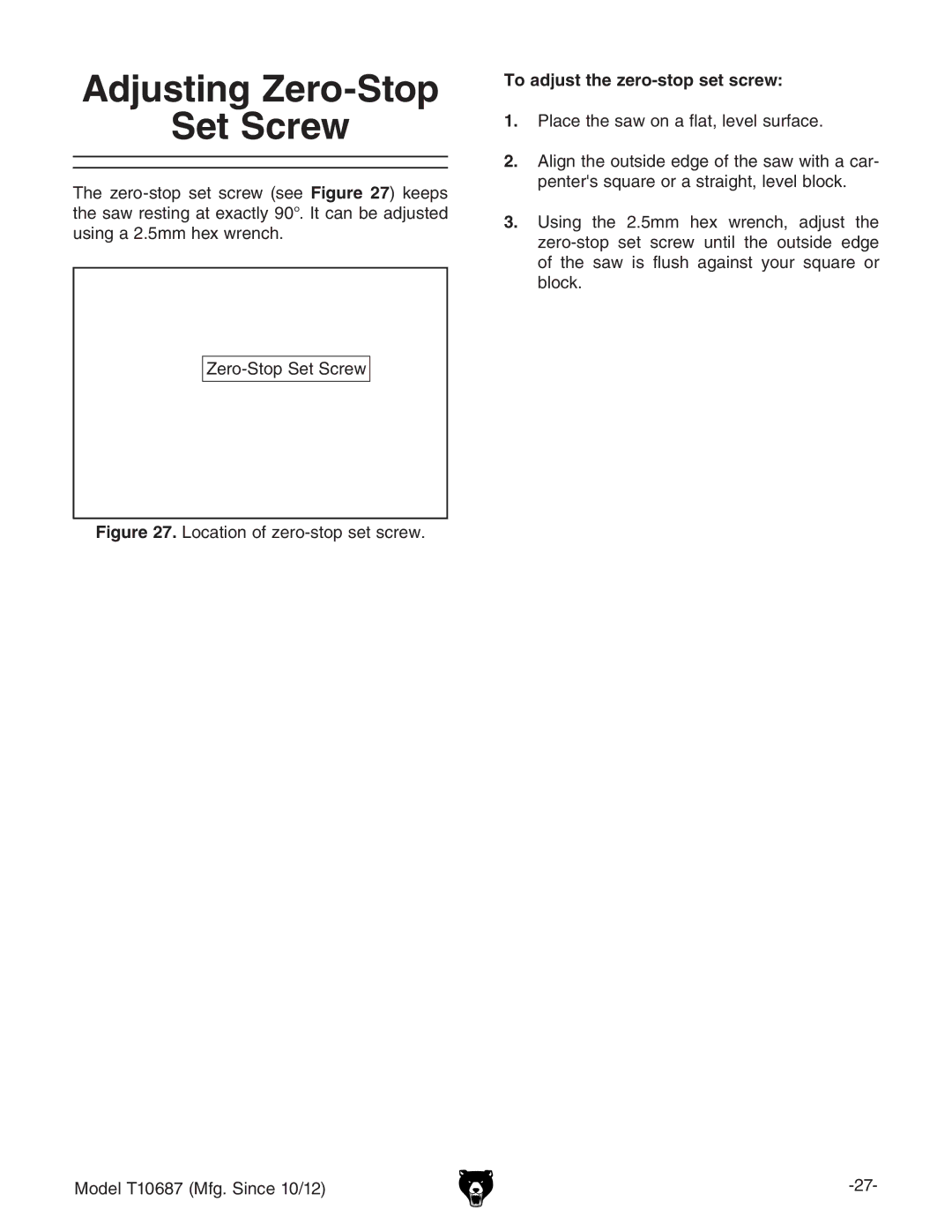 Grizzly T10687 owner manual Adjusting Zero-Stop Set Screw, OZgdHideHZiHXgZl, To adjust the zero-stop set screw 