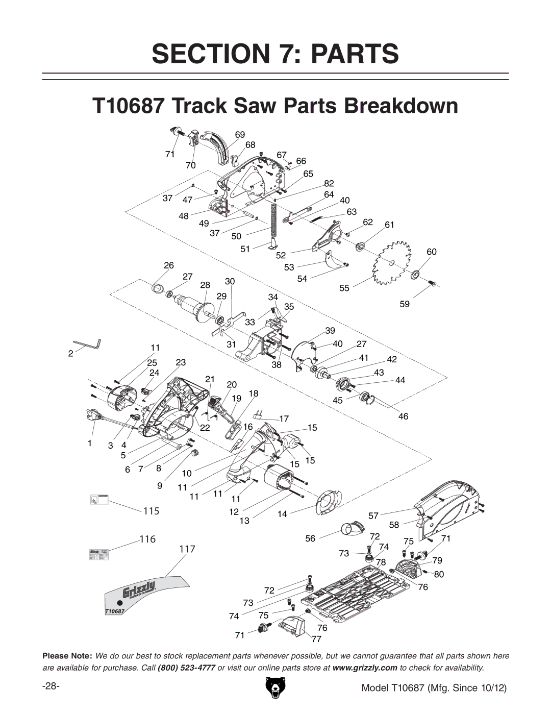 Grizzly owner manual T10687 Track Saw Parts Breakdown 