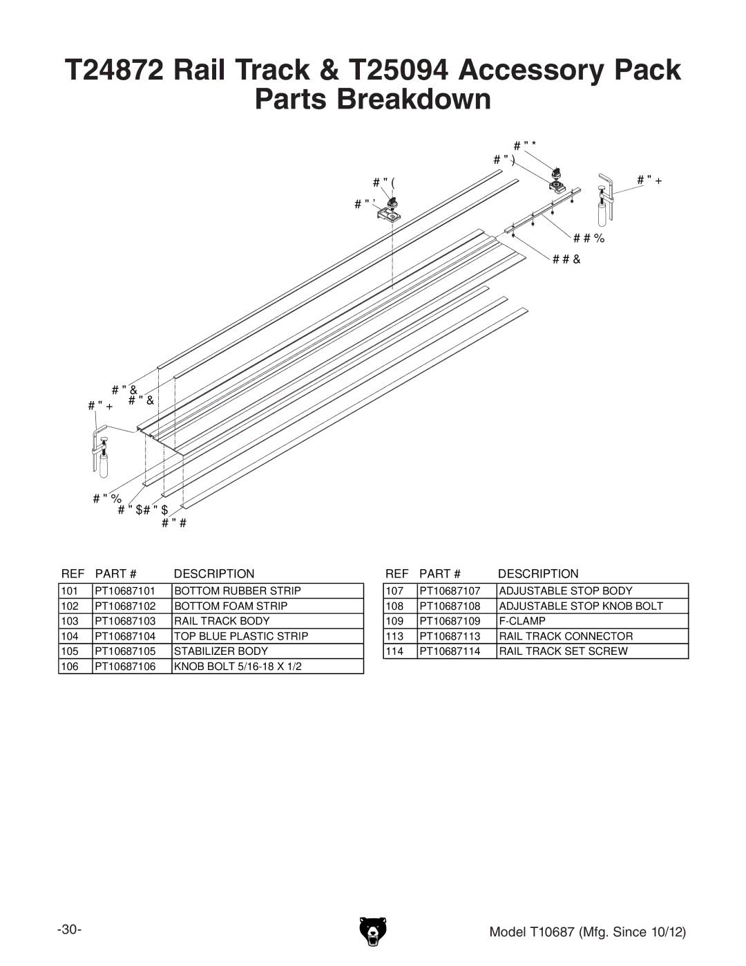 Grizzly T10687 owner manual T24872 Rail Track & T25094 Accessory Pack Parts Breakdown 