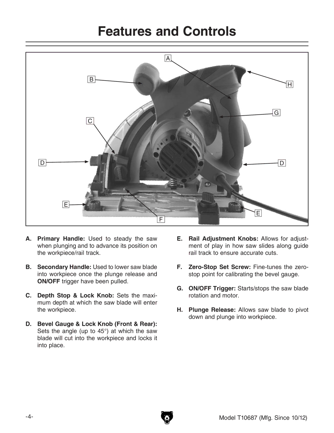 Grizzly T10687 owner manual Features and Controls 