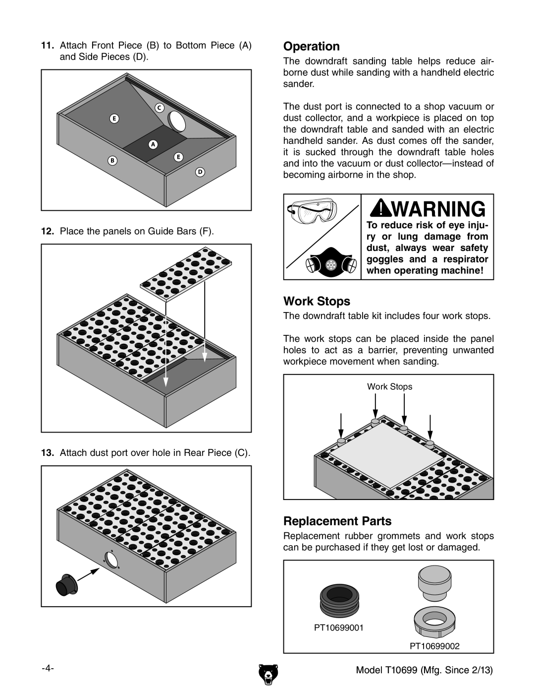 Grizzly T10699 manual Operation, Work Stops, Replacement Parts 