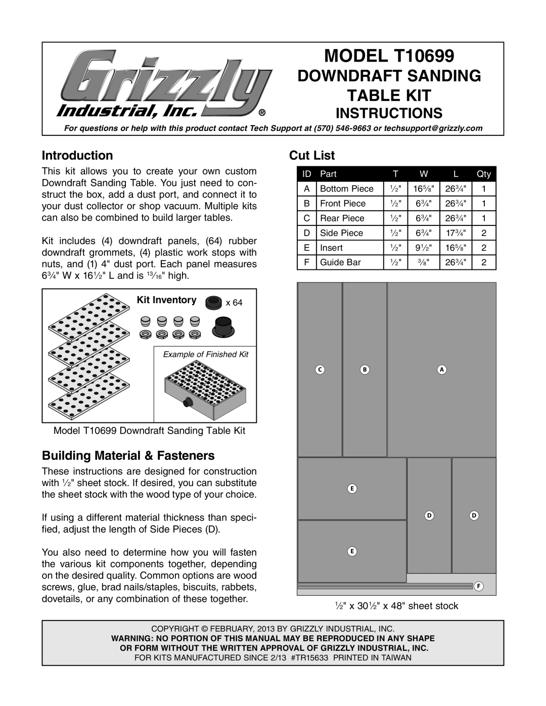 Grizzly manual Introduction, Cut List, Building Material & Fasteners, Kit Inventory, MODEL T10699, Downdraft Sanding 