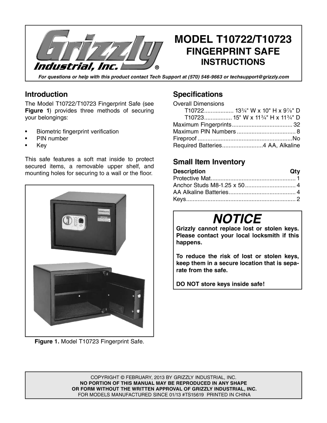 Grizzly T10722, T10723 specifications Introduction, Specifications, Small Item Inventory 