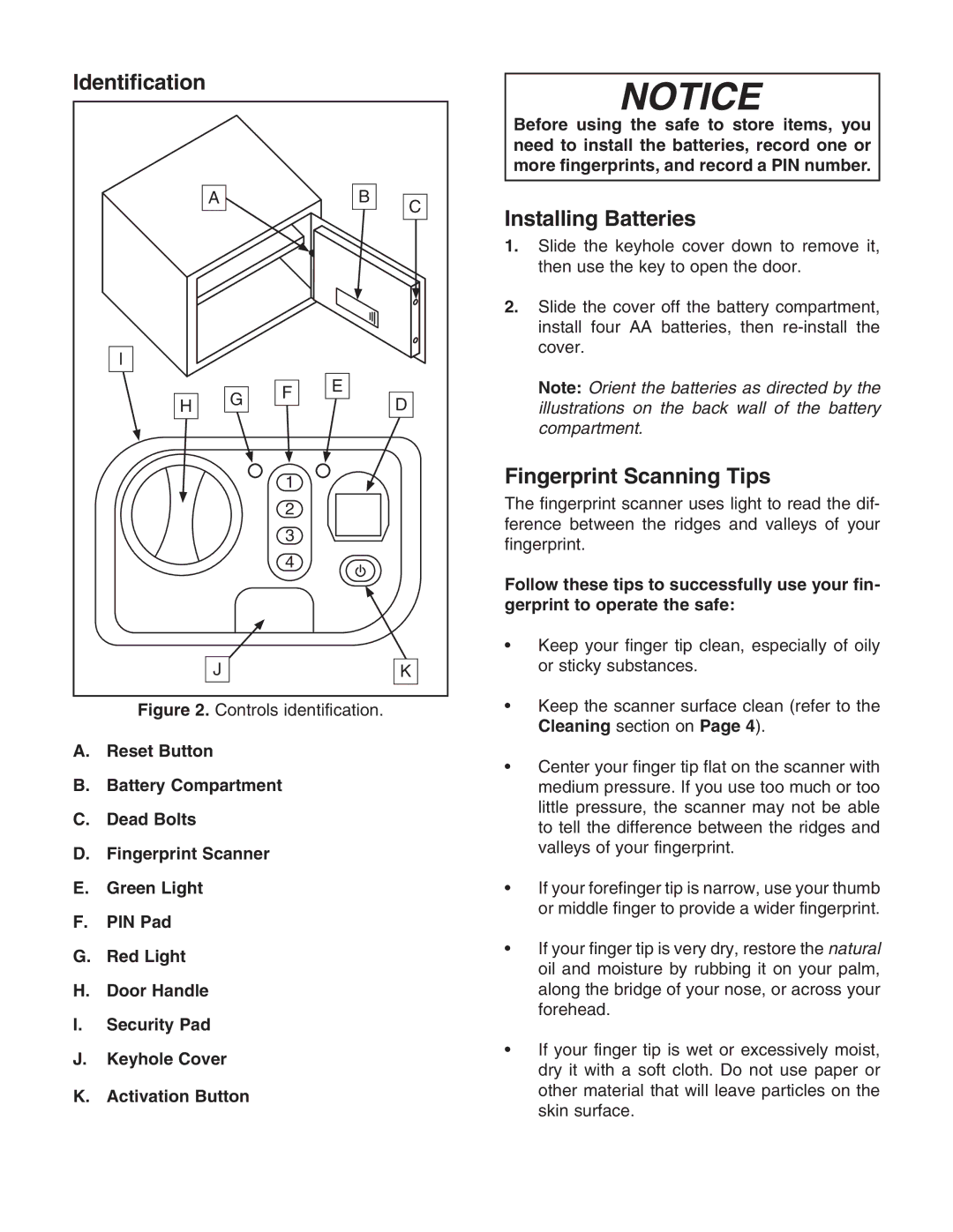 Grizzly T10723, T10722 specifications Identification, Installing Batteries, Fingerprint Scanning Tips 