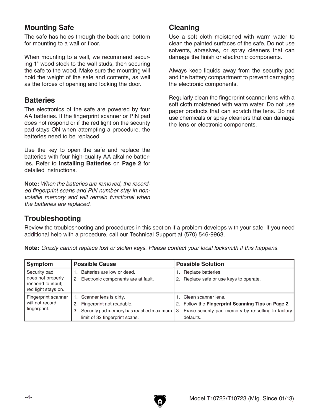 Grizzly T10723, T10722 specifications Mounting Safe, Batteries, Troubleshooting Cleaning 