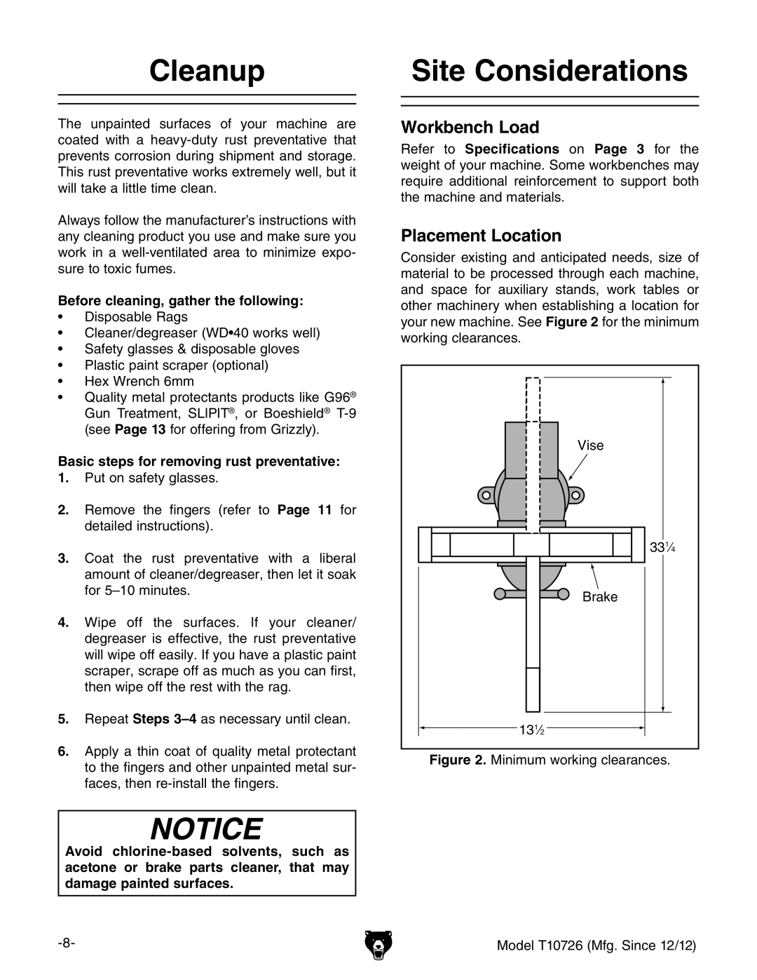 Grizzly T10726 owner manual Cleanup, Site Considerations, Before cleaning, gather the following 