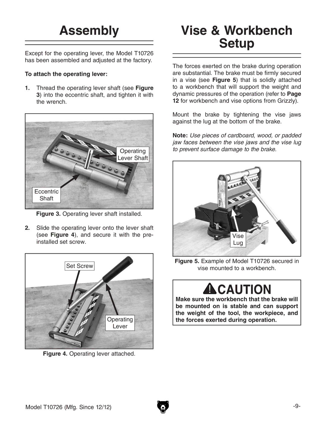 Grizzly T10726 owner manual Assembly, Vise & Workbench Setup, To attach the operating lever 