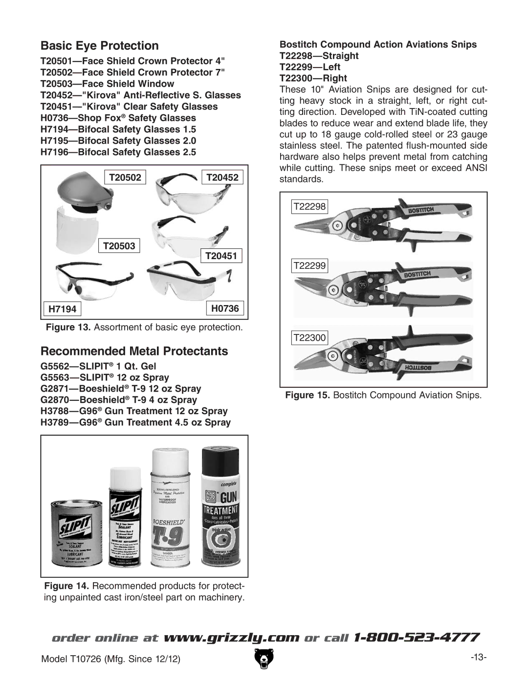 Grizzly T10726 owner manual Basic Eye Protection 