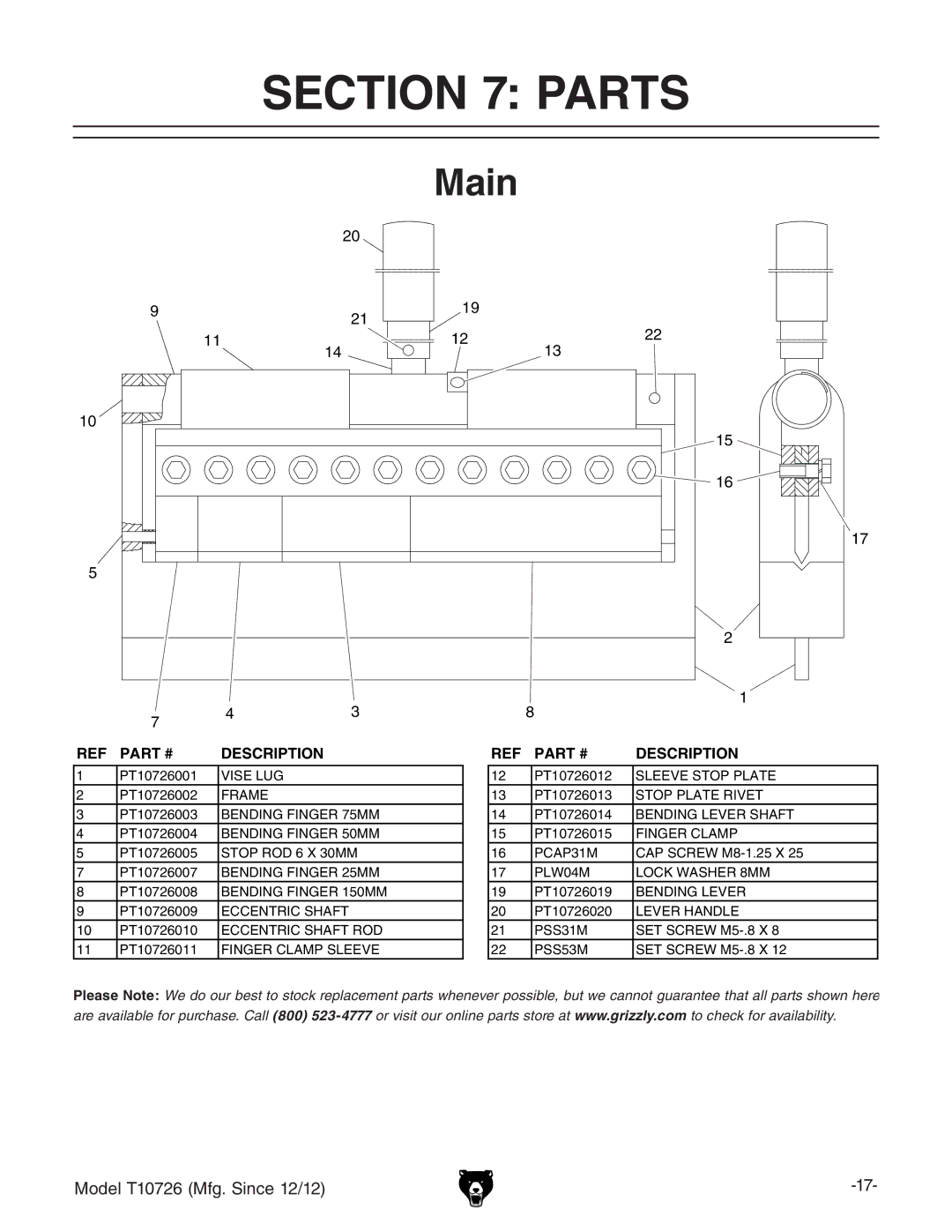 Grizzly T10726 owner manual Parts 