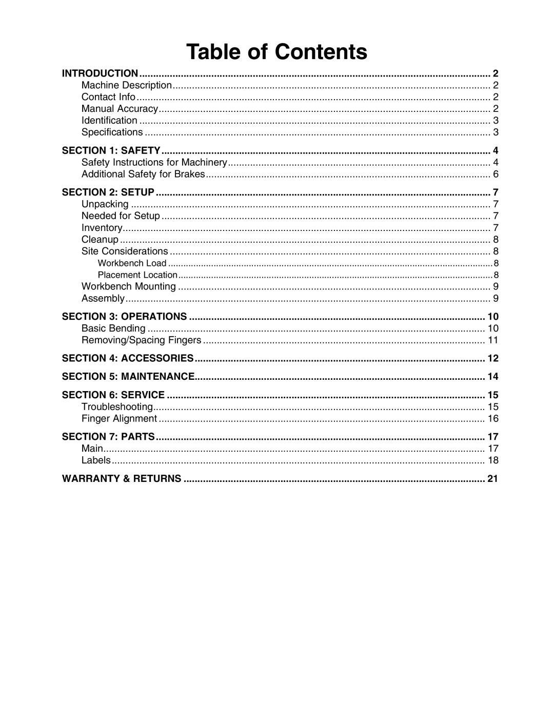 Grizzly T10726 owner manual Table of Contents 