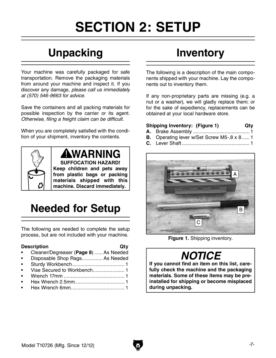 Grizzly T10726 UnpackingInventory, Needed for Setup, Description Qty, Shipping Inventory Figure Qty Brake Assembly 