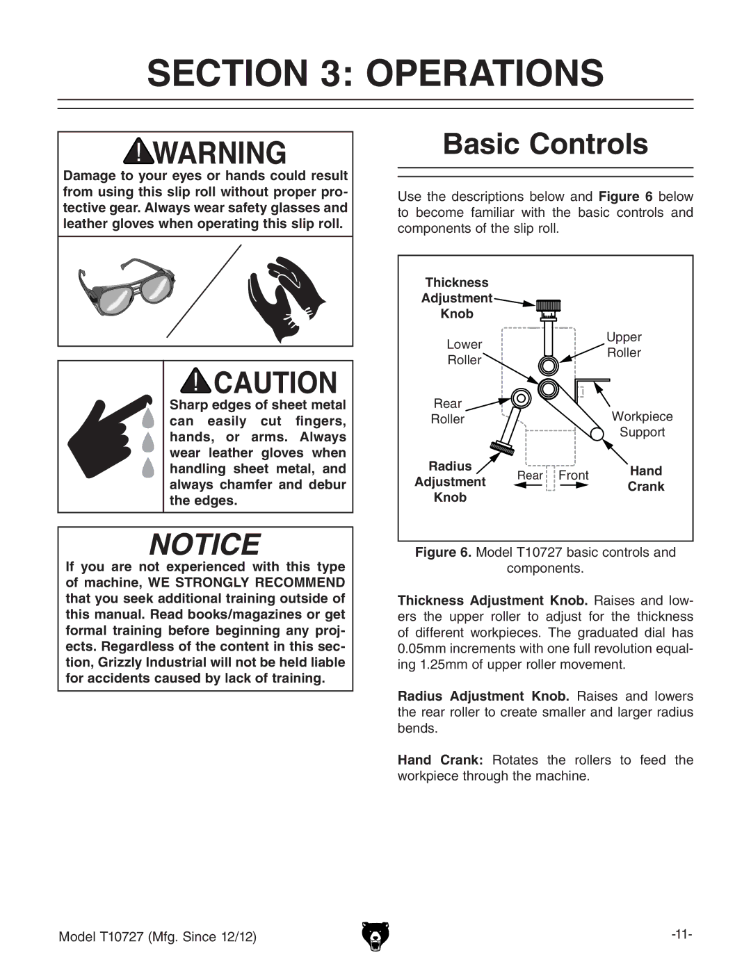 Grizzly T10727 owner manual Operations, Basic Controls 